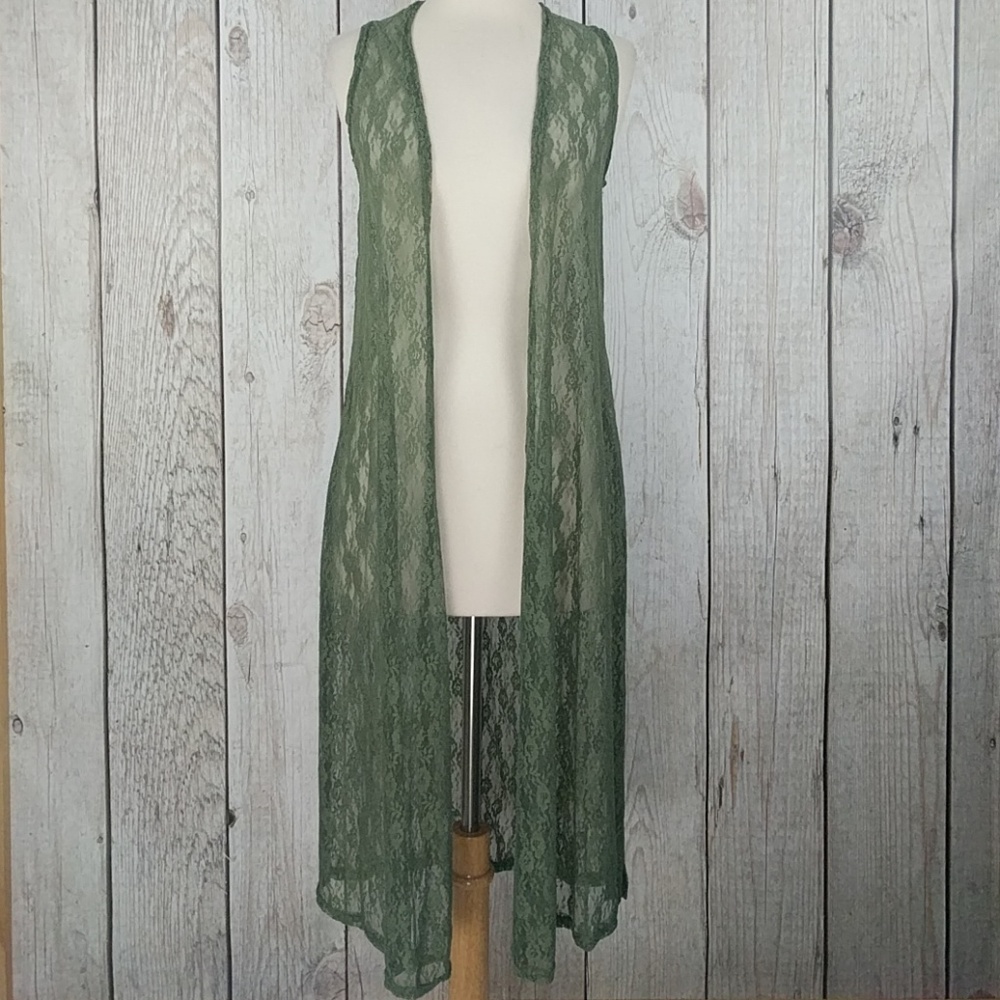 LuLaRoe Green Sheer Lace Joy Vest sz XS